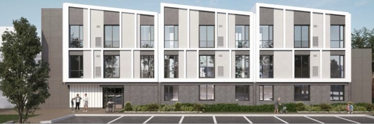Architectural rendering of a modern housing building