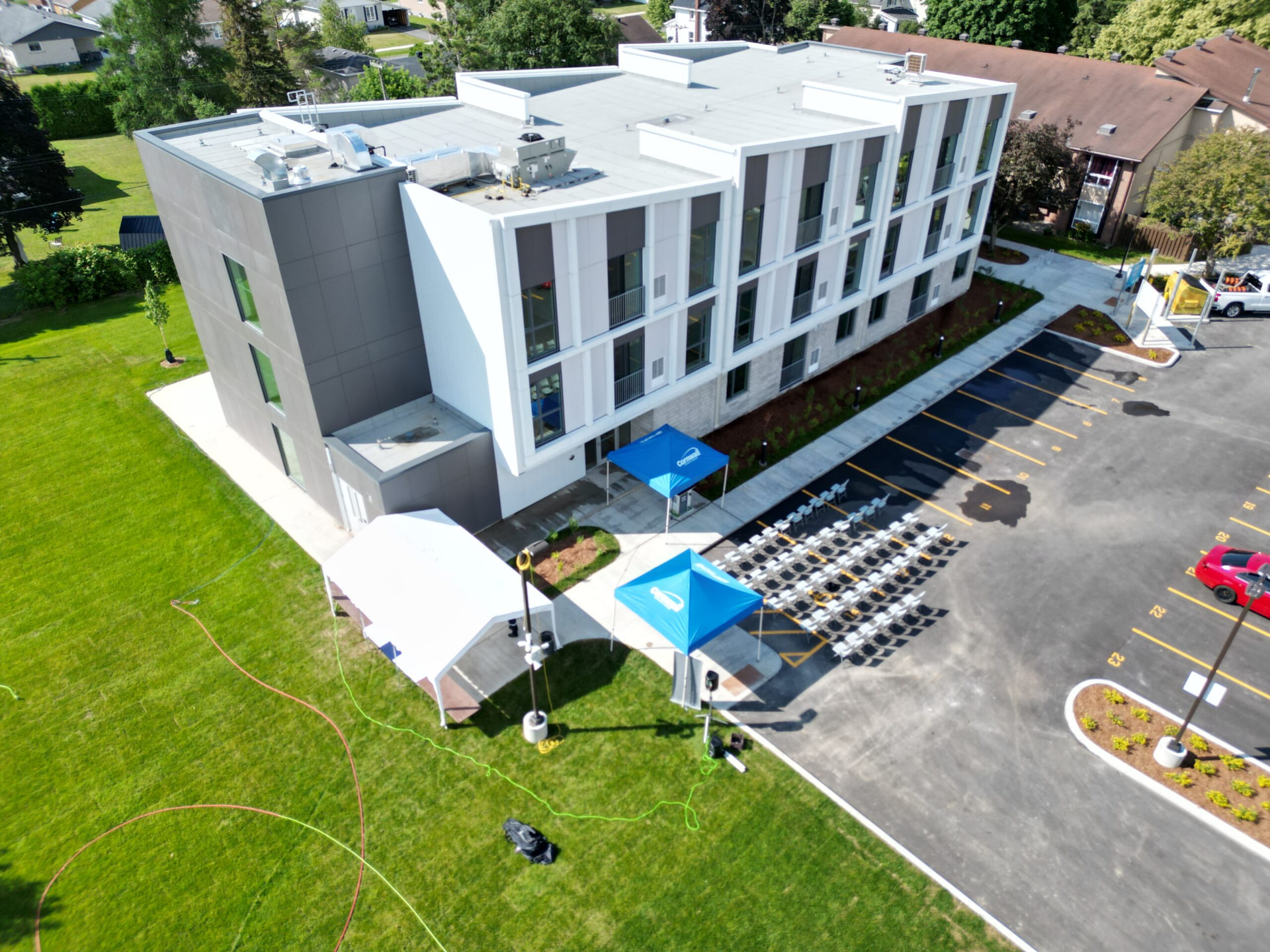 Completed multi-storey housing building viewed from above